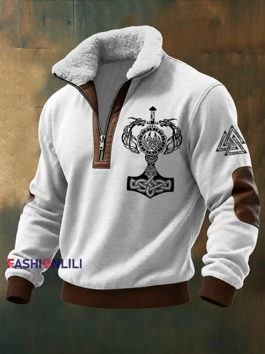 Men’s Viking Triangle Printed Long Sleeved Stand Up Collar Lambhair Zipper Top White / S