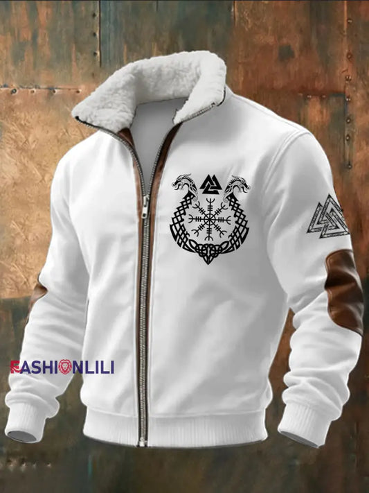 Men’s Viking Triangle Printed Long Sleeved Stand Up Collar Lambhair Zipper Top White / S