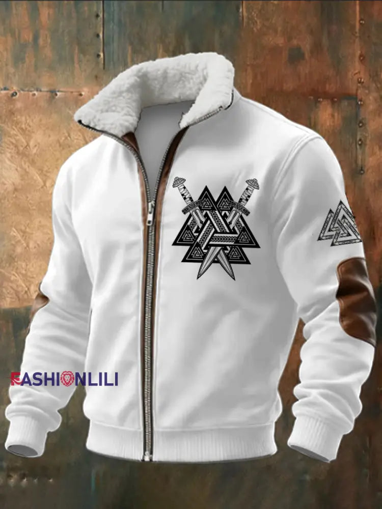 Men’s Viking Triangle Printed Long Sleeved Stand Up Collar Lambhair Zipper Top White / S