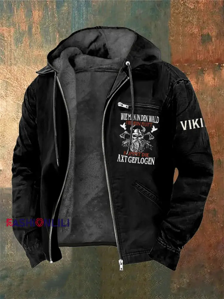 Men’s Viking Warrior Skull Printed Long Sleeved Hooded Jacket Black / S