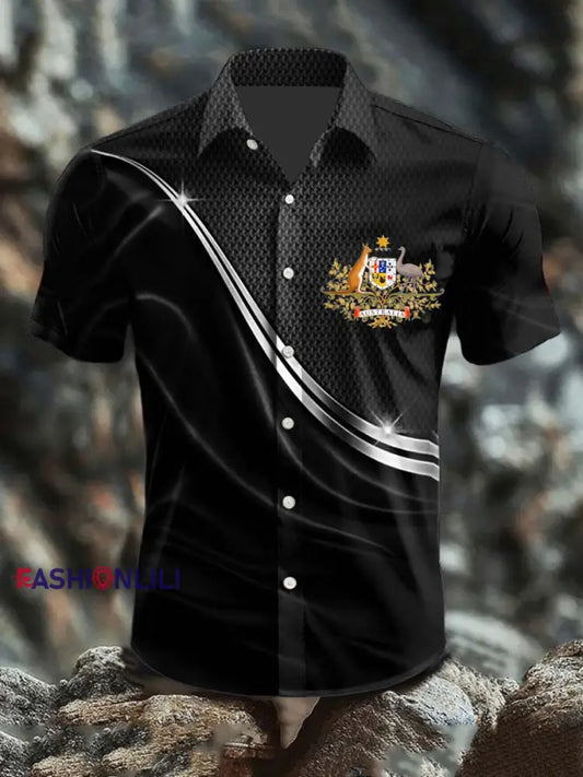 Men’s Vintage Australian Flag Badge Lines Abstract Print Casual Cotton Short Sleeve Shirt Black / S