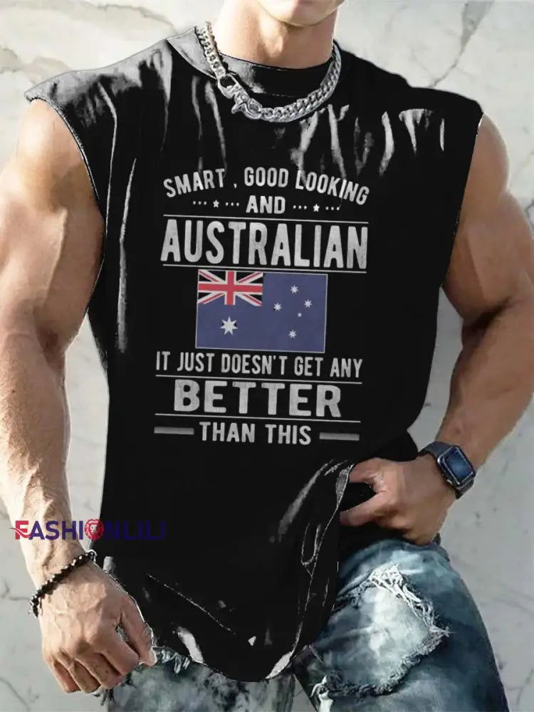 Men’s Vintage Australian Flag Badge Slogan Print Comfortable Casual Cotton Tank Top