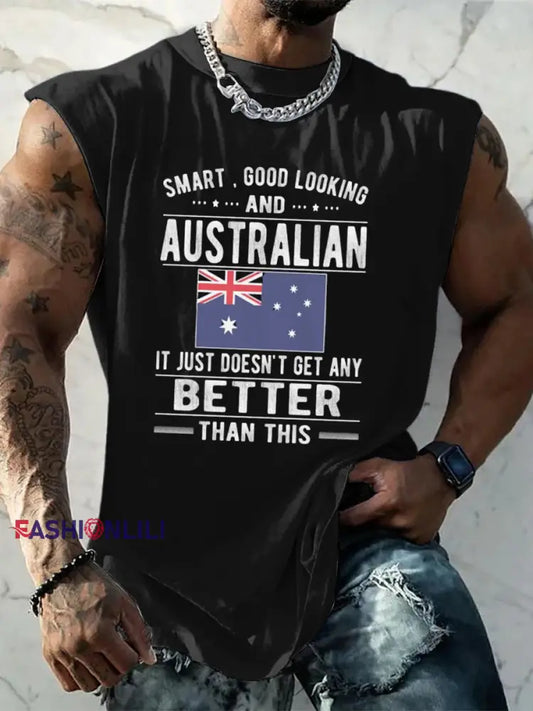 Men’s Vintage Australian Flag Badge Slogan Print Comfortable Casual Cotton Tank Top Black / S