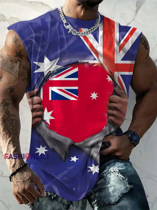 Men’s Vintage Australian Flag Hand Tearaway Design Print Comfortable Casual Cotton Tank Top Dark Blue / S