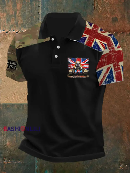 Men’s Vintage British Bulldog Army British Flag Print Casual Short Sleeve Top Black / S