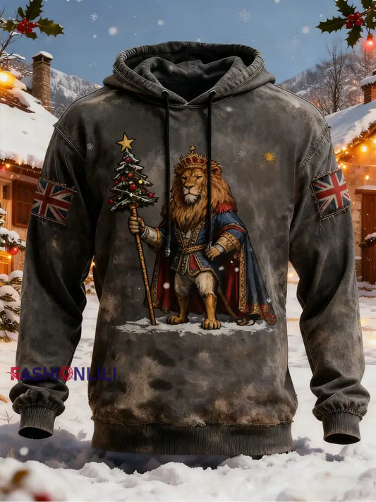 Men’s Vintage British Lion Christmas Oversized Drop-Shoulder Hoodie with Pockets As picture / S
