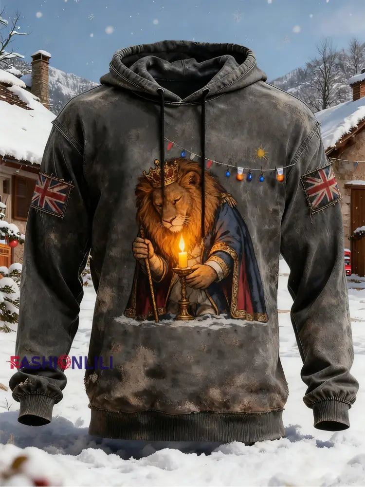 Men’s Vintage British Lion Christmas Oversized Drop-Shoulder Hoodie with Pockets As picture / S