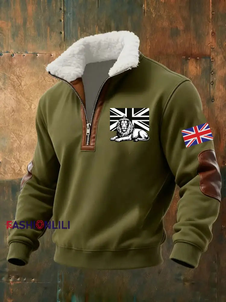 Men’s Vintage British Lion Print Sweatshirt Army Green / S