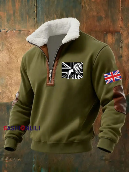 Men’s Vintage British Lion Print Sweatshirt Army Green / S