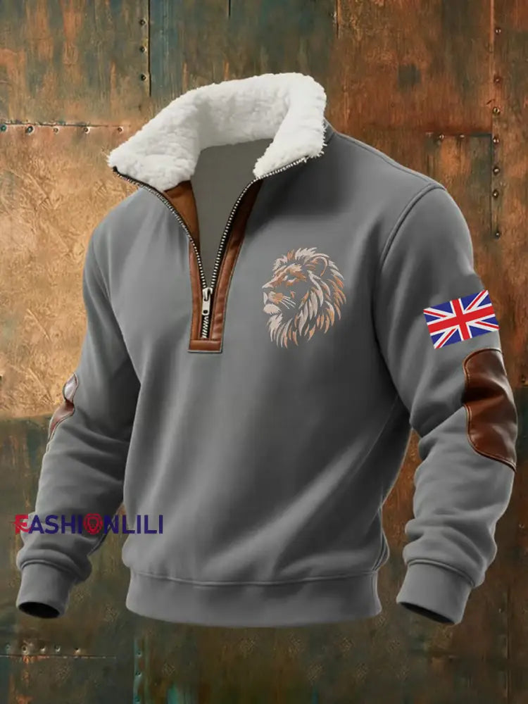 Men’s Vintage British Lion Print Sweatshirt Gray / S