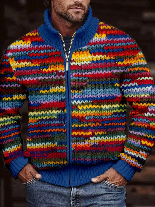 Men’s Vintage Colorful Crochet Art Cozy Zip Cardigan As picture / S