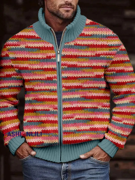 Men’s Vintage Contrast Color Cozy Knit Cardigan As picture / S