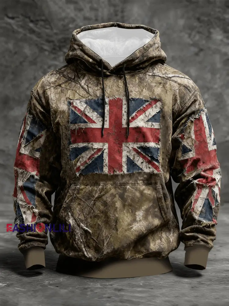 Men’s Vintage England Flag Camo Oversized Drop-Shoulder Hoodie with Pockets As picture / S