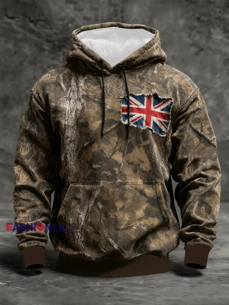 Men’s Vintage England Flag Camo Oversized Drop-Shoulder Hoodie with Pockets As picture / S