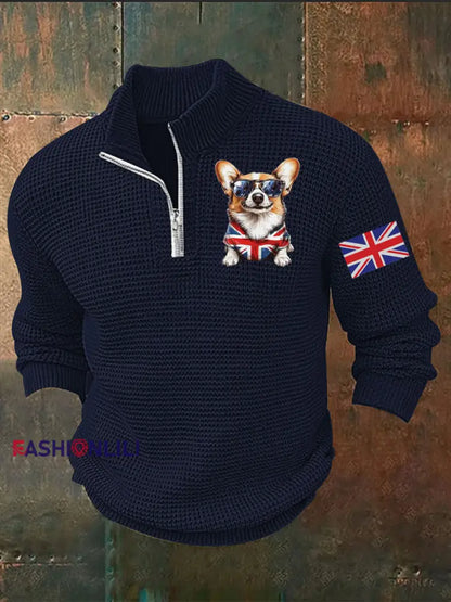 Men’s Vintage England Flag Dog Printed Sweater Navy Blue / S