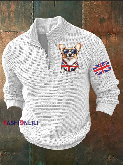 Men’s Vintage England Flag Dog Printed Sweater White / S