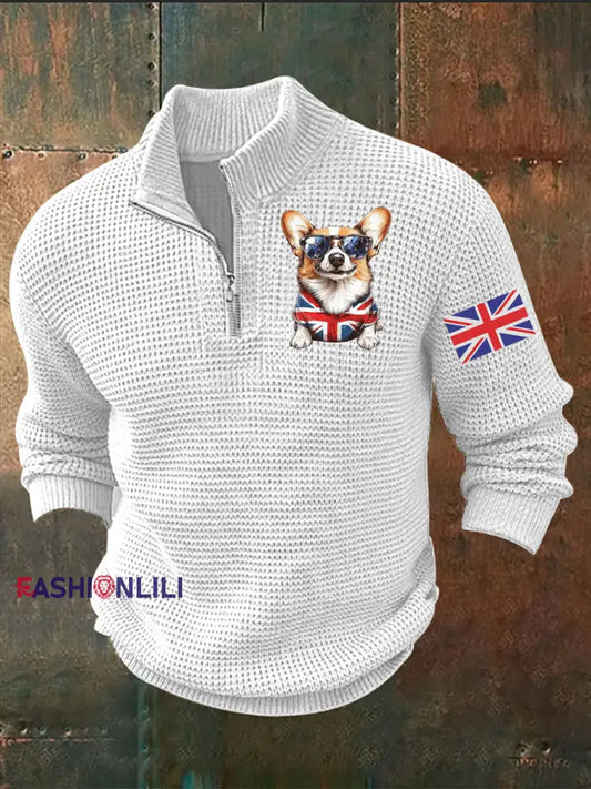 Men’s Vintage England Flag Dog Printed Sweater White / S