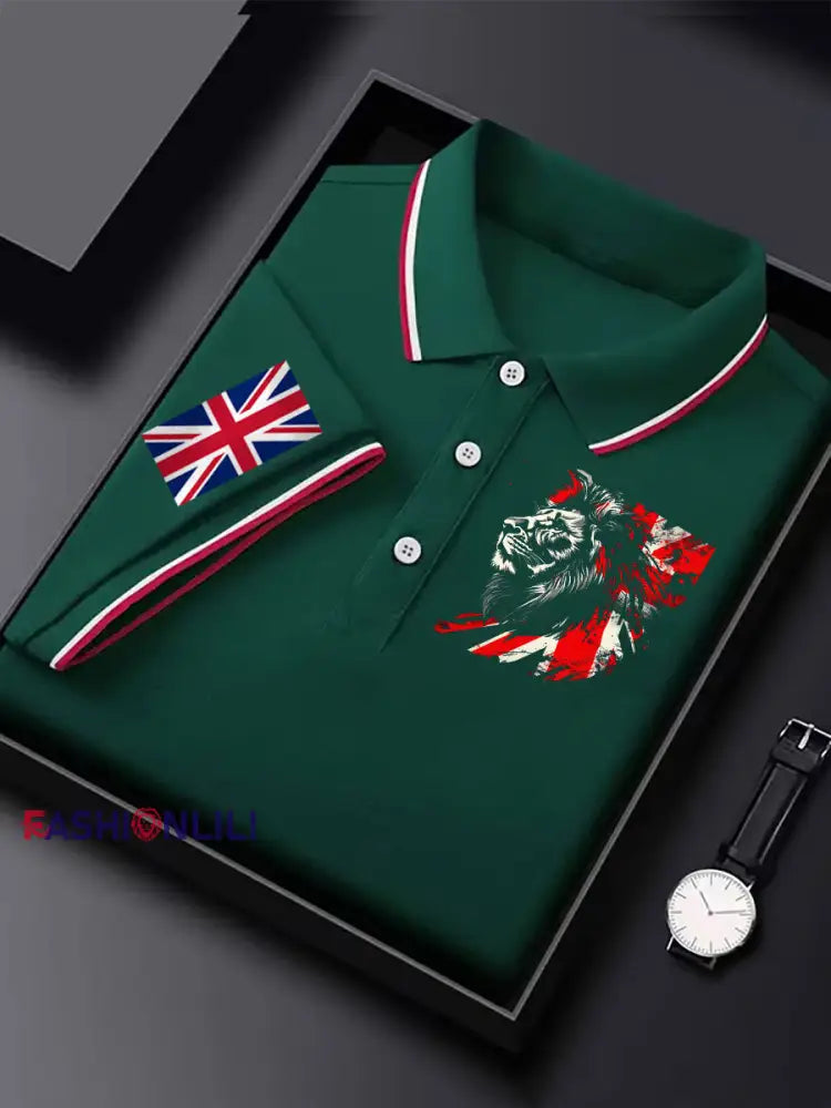 Men’s Vintage England Flag Lion Casual Shirt Dark Green / S