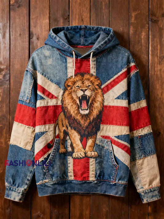 Men’s Vintage England Flag Lion Oversized Drop-Shoulder Hoodie with Pockets As picture / S