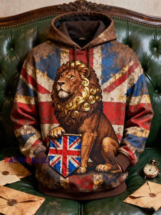 Men’s Vintage England Flag Lion Printed Hoodie As picture / S
