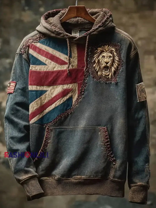 Men’s Vintage England Flag Lion Printed Hoodie As picture / S