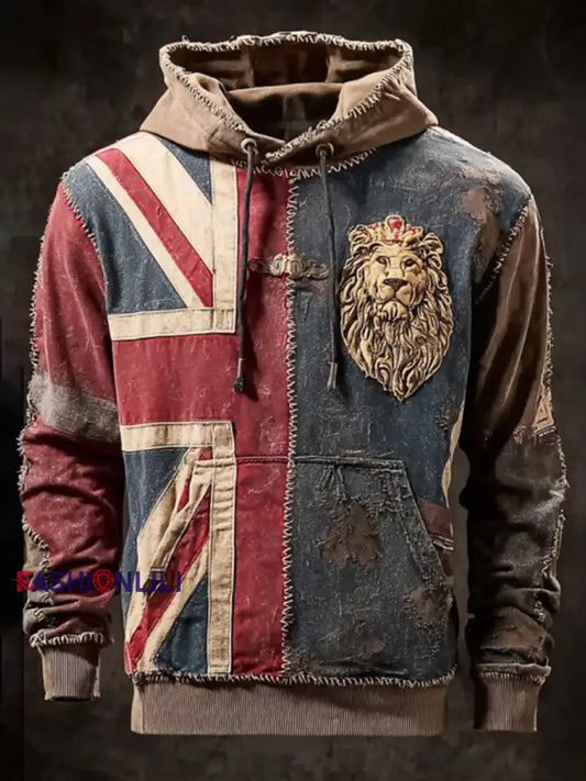 Men’s Vintage England Flag Lion Printed Hoodie As picture / S