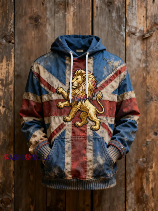 Men’s Vintage England Flag Lion Printed Hoodie As picture / S