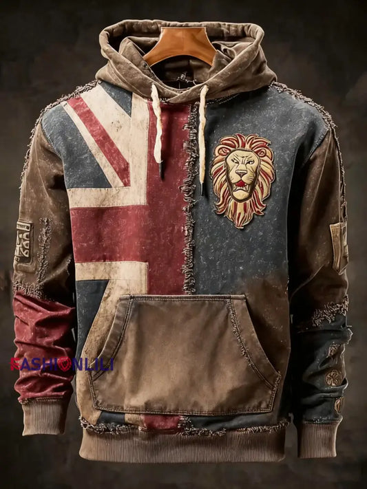Men’s Vintage England Flag Lion Printed Hoodie As picture / S