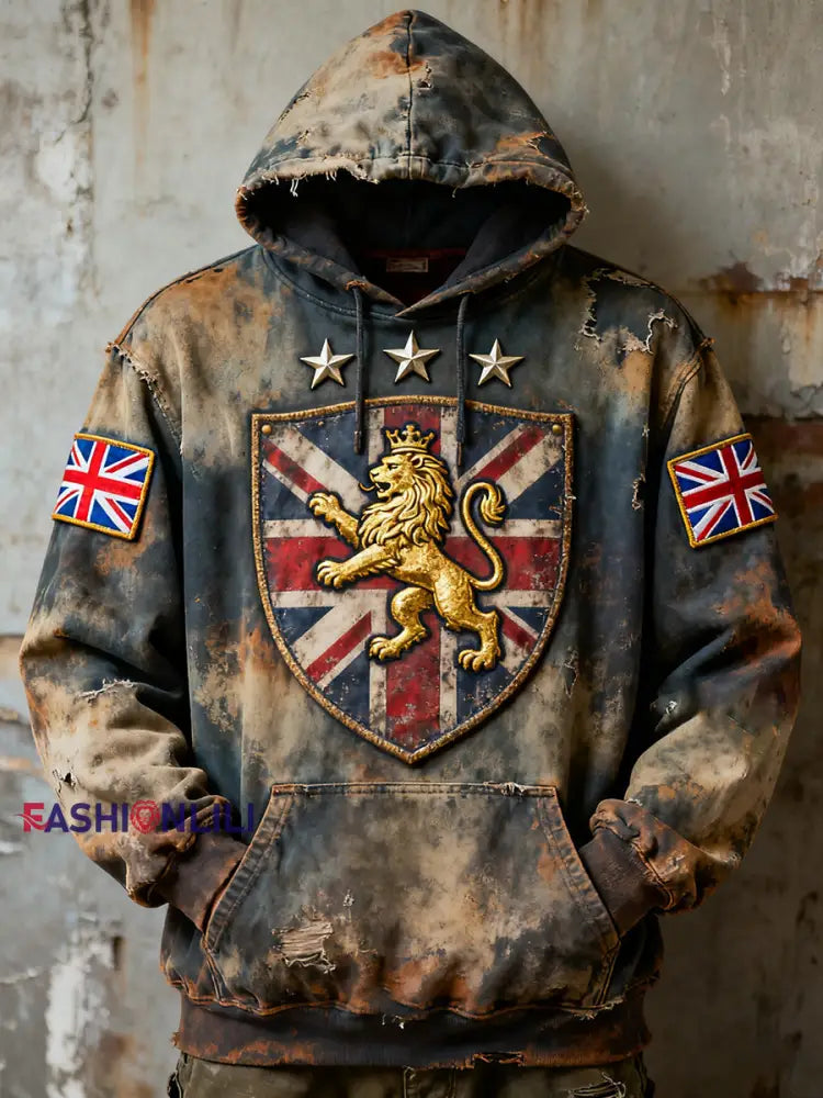 Men’s Vintage England Flag Lion Printed Hoodie As picture / S