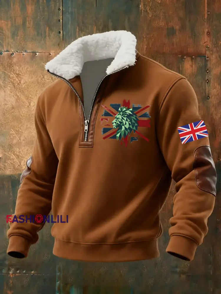 Men’s Vintage England Flag Lion Printed Sweatshirt Brown / S