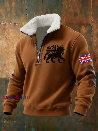 Men’s Vintage England Flag Lion Printed Sweatshirt Brown / S