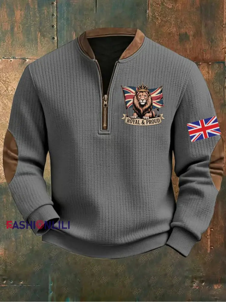 Men’s Vintage England Flag Lion Printed Sweatshirt Gray / S