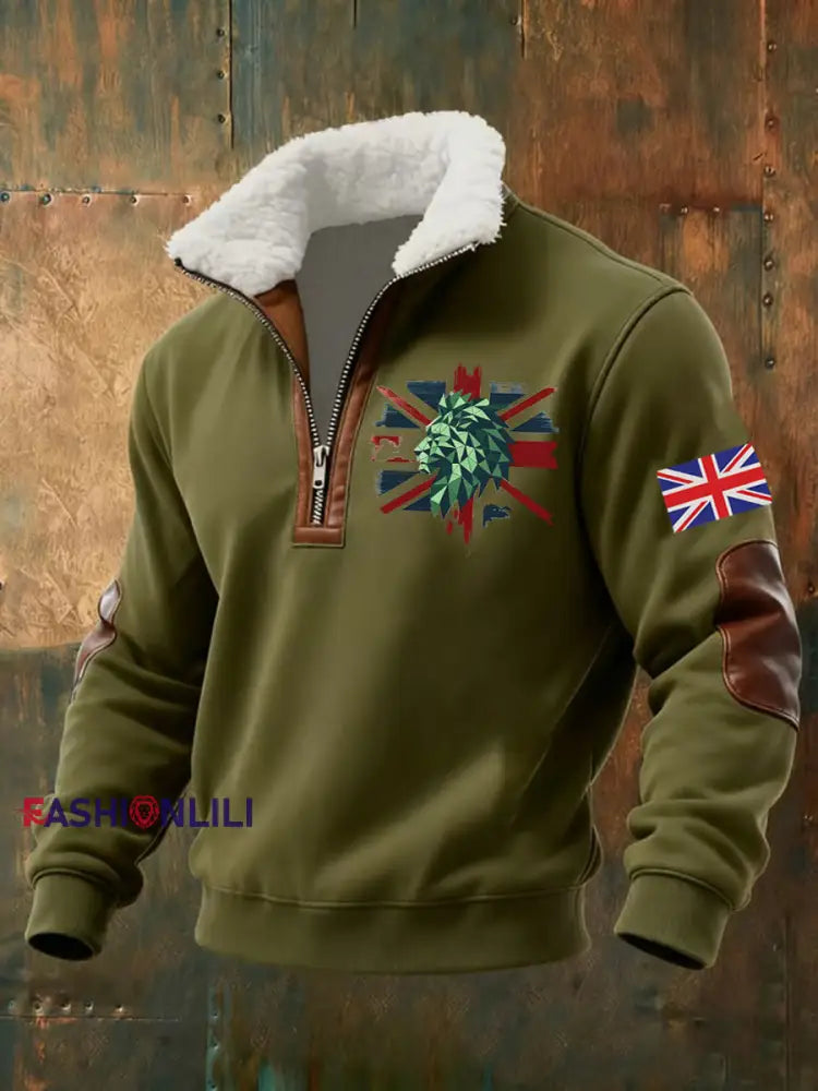 Men’s Vintage England Flag Lion Printed Sweatshirt Green / S