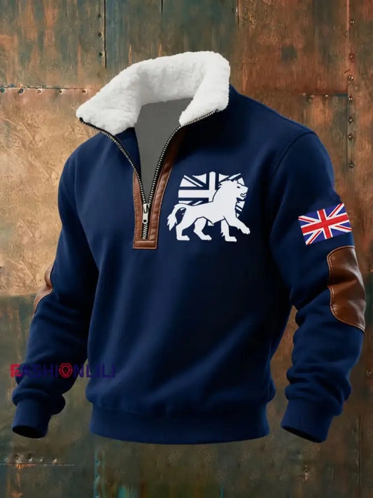 Men’s Vintage England Flag Lion Printed Sweatshirt Navy Blue / S
