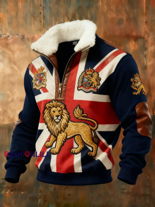 Men’s Vintage England Flag Lion Printed Sweatshirt Navy Blue / S