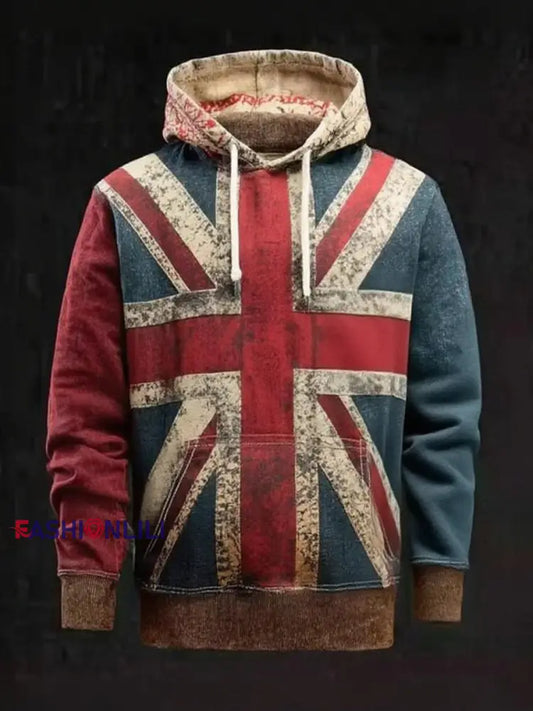 Men’s Vintage England Flag Patchwork Printed Hoodie As picture / S