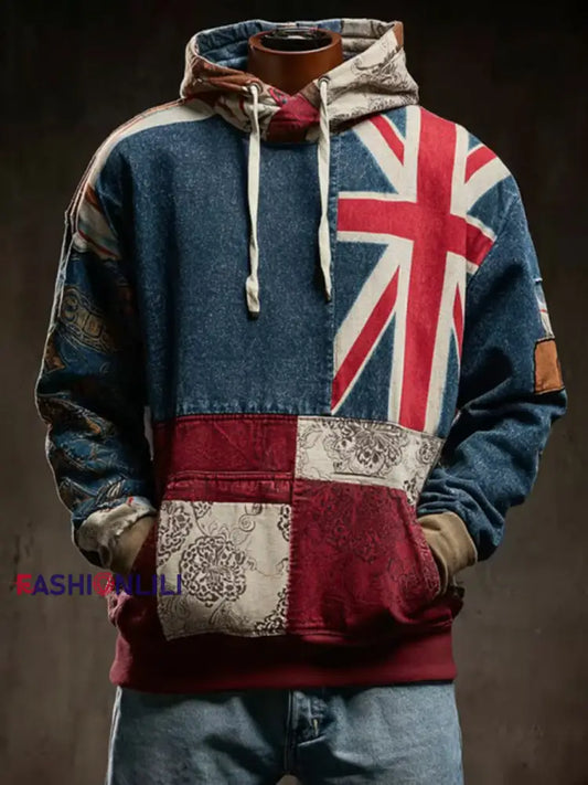 Men’s Vintage England Flag Patchwork Printed Hoodie As picture / S