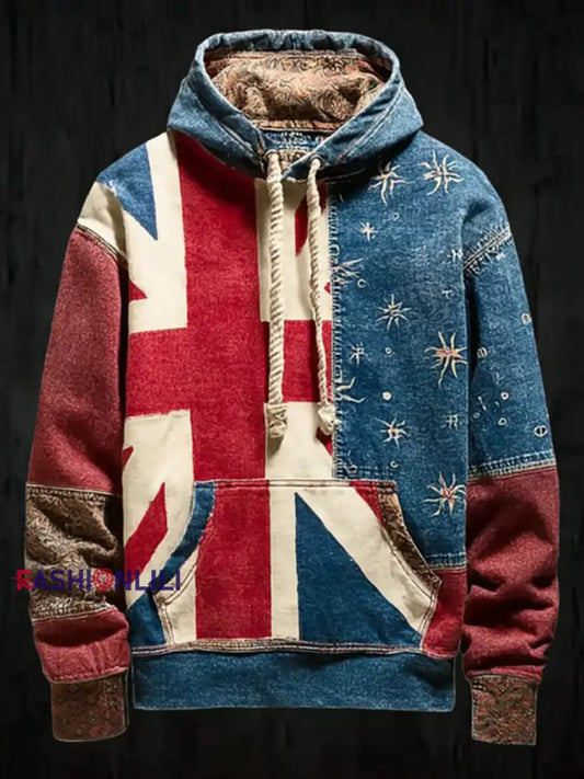 Men’s Vintage England Flag Patchwork Printed Hoodie As picture / S