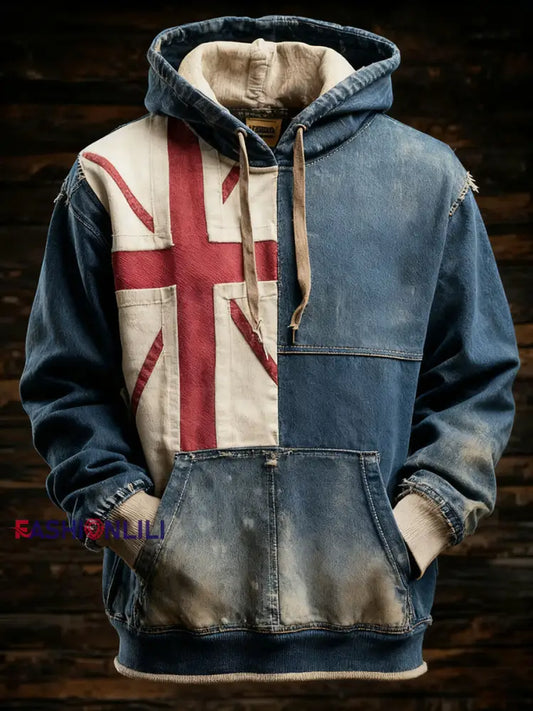 Men’s Vintage England Flag Patchwork Printed Hoodie As picture / S