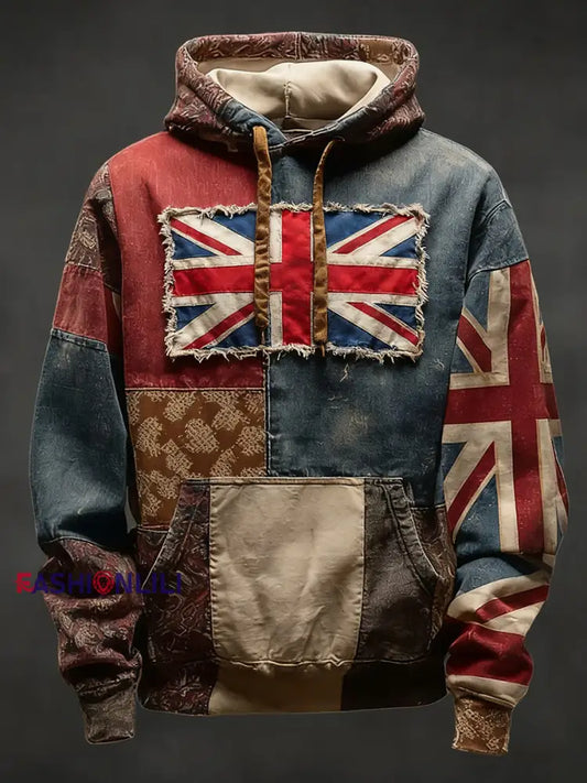 Men’s Vintage England Flag Patchwork Printed Hoodie As picture / S