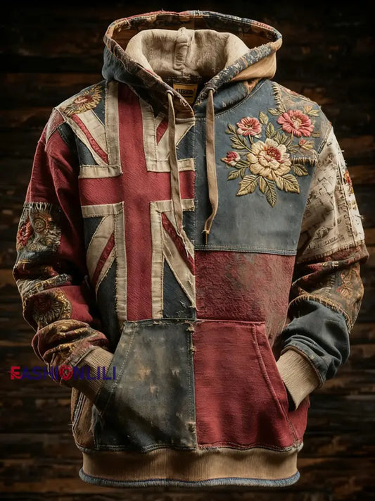 Men’s Vintage England Flag Patchwork Printed Hoodie As picture / S