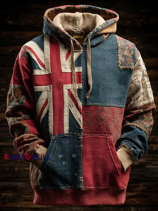 Men’s Vintage England Flag Patchwork Printed Hoodie As picture / S