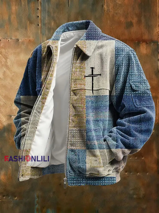 Men’s Vintage Faith Cross Casual Corduroy Jacket As picture / S
