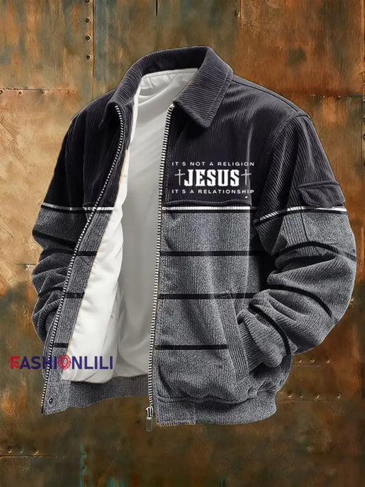 Men’s Vintage Faith Cross Casual Corduroy Jacket As picture / S