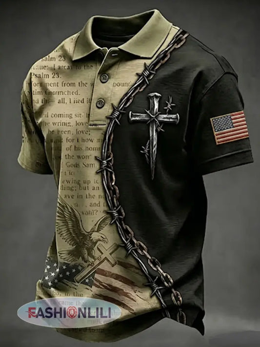 Men’s Vintage Independence Day Thorn Nail Cross Eagle USA Flag Print Short Sleeve Top - As picture / S