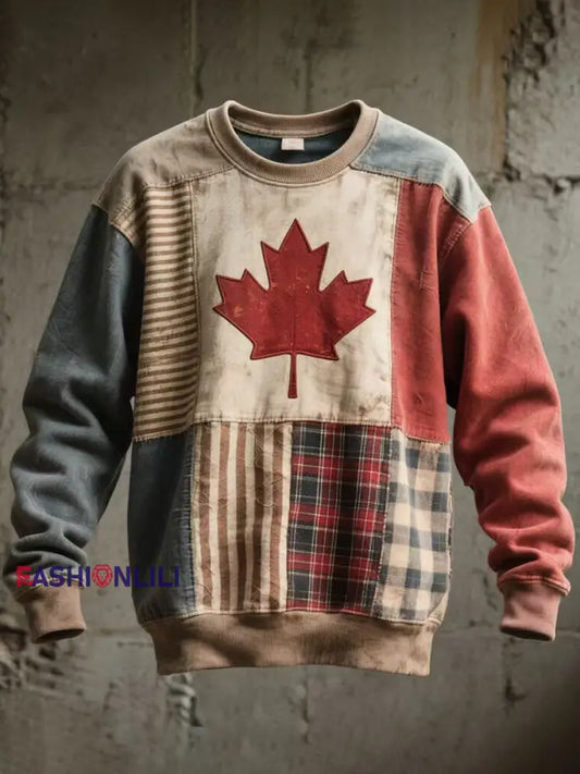 Men’s Vintage Maple Leaf Patchwork Art Washed Sweatshirt As picture / S
