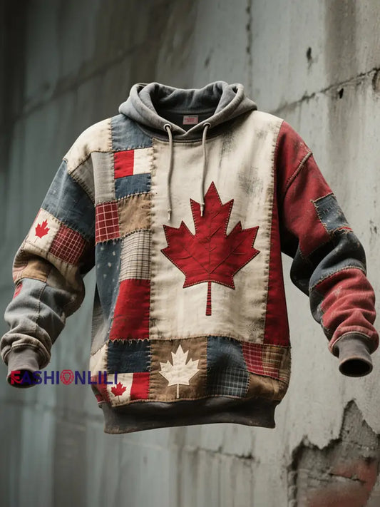Men’s Vintage Maple Leaf Pattern Patchwork Art Washed Hoodie As picture / S