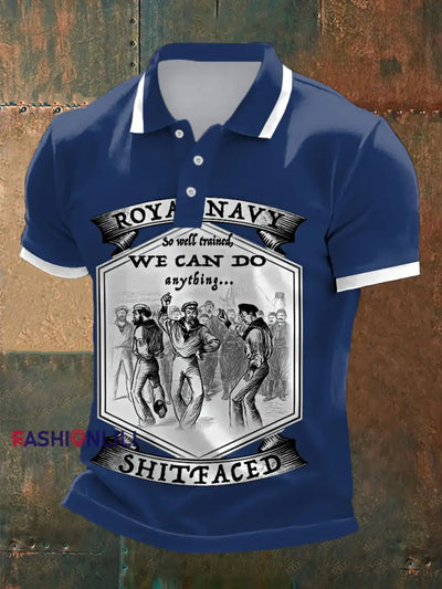 Men’s Vintage Royal Navy Dancing Team Print Casual Top Navy Blue / S