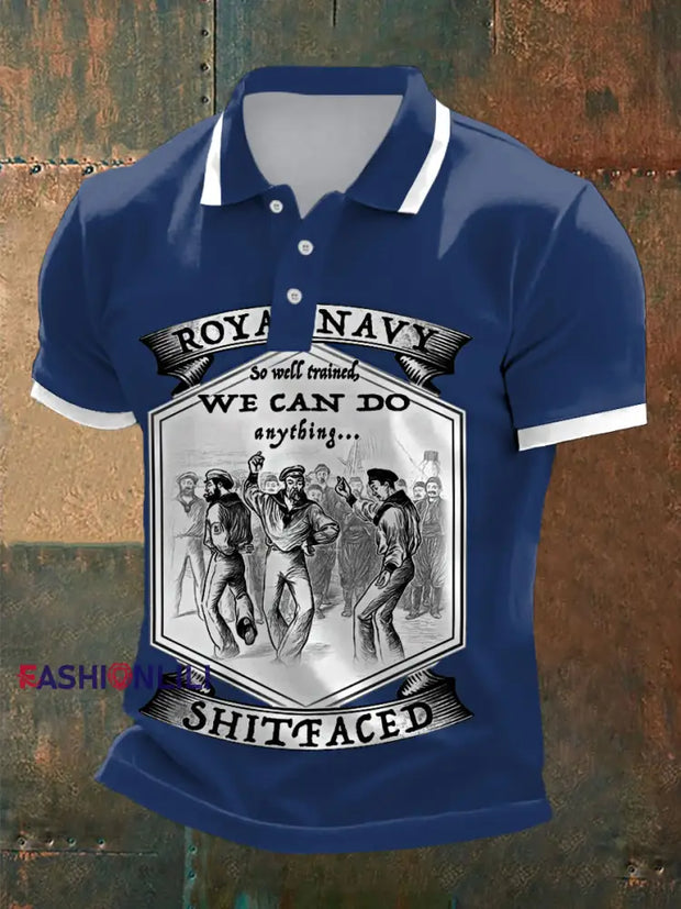Men’s Vintage Royal Navy Dancing Team Print Casual Top Navy Blue / S