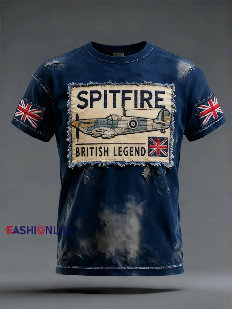 Men’s Vintage Spitfire British Legend Print Casual Tee Navy Blue / S